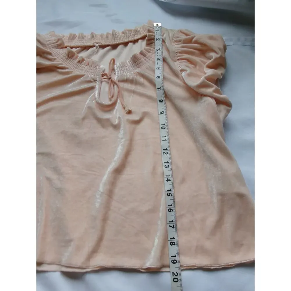 Free People Terese Velour Puff Sleeve Tie Neck Top Pink XS